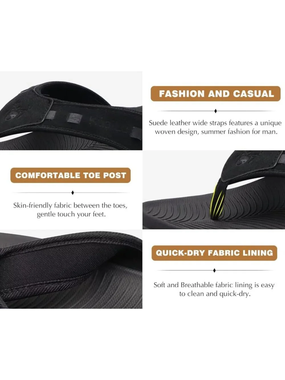 Men's Dark Black Sport Flip Flops Comfort Orthotic Thong Sandals Arch Support